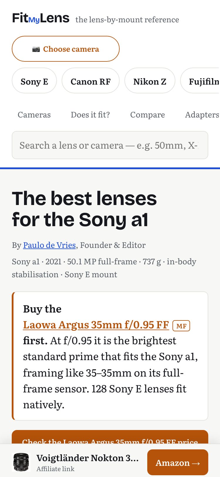 After: the same page with a fixed bar at the bottom showing the recommended lens and an Amazon button