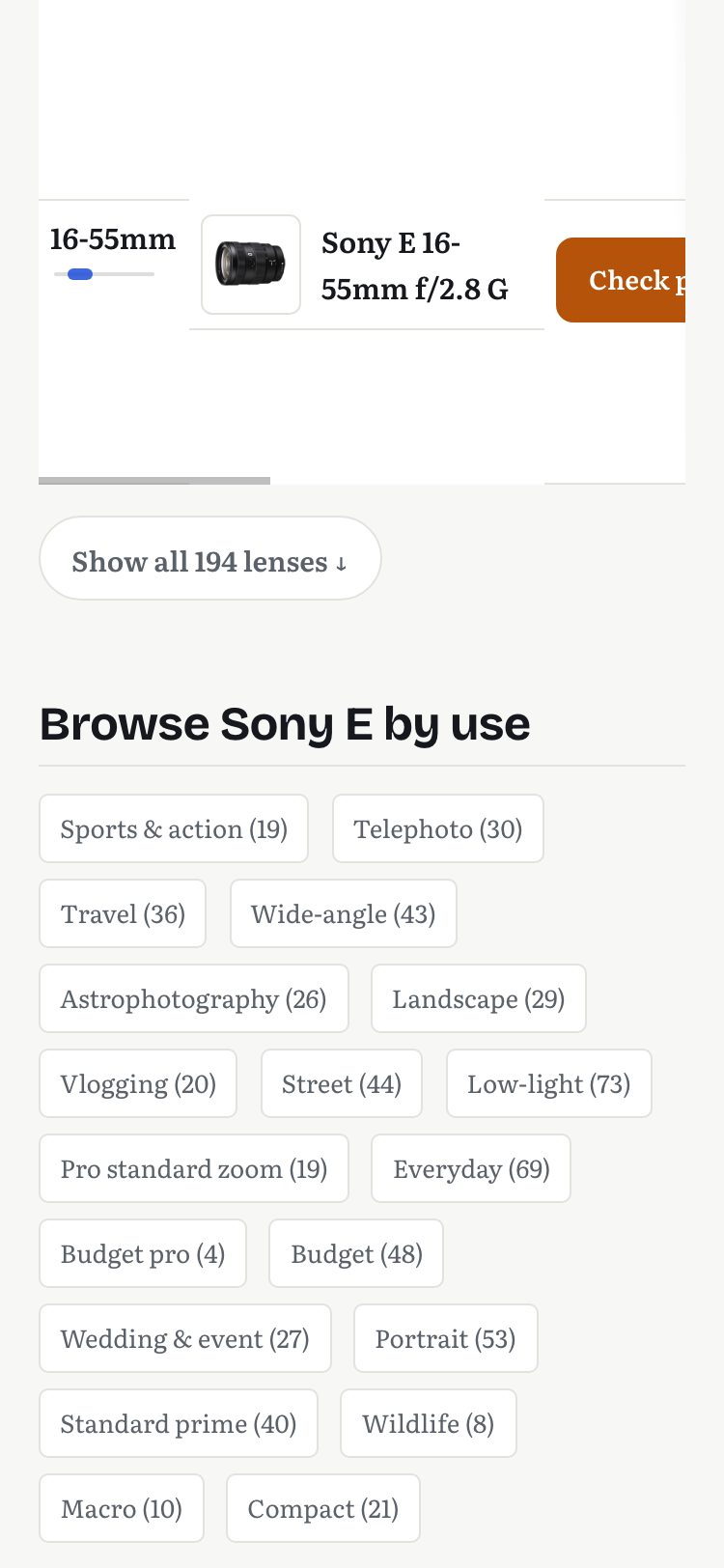 Sony E mount page at 375 px after the change: the table ends at a Show all 194 lenses button, with the Browse by use links directly below it