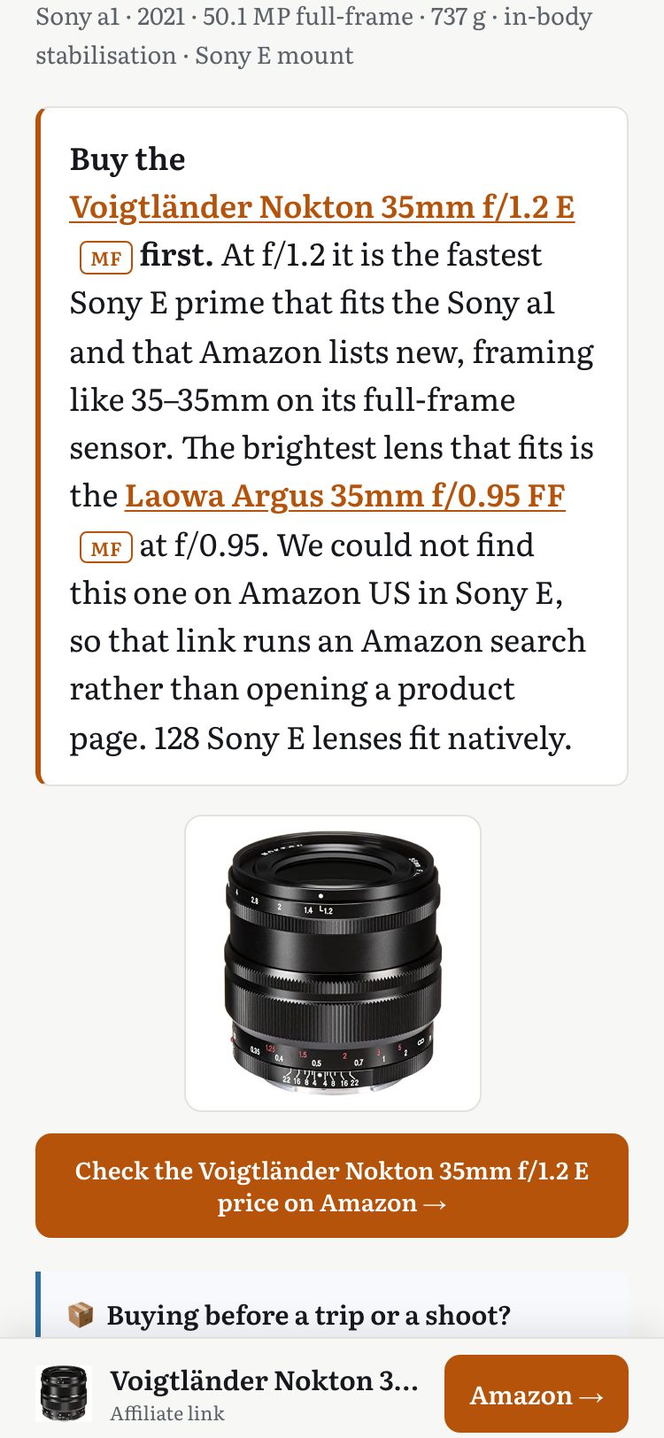 After: the button buys the Voigtlander Nokton, and the text says plainly that the brighter Laowa could not be found as a product
