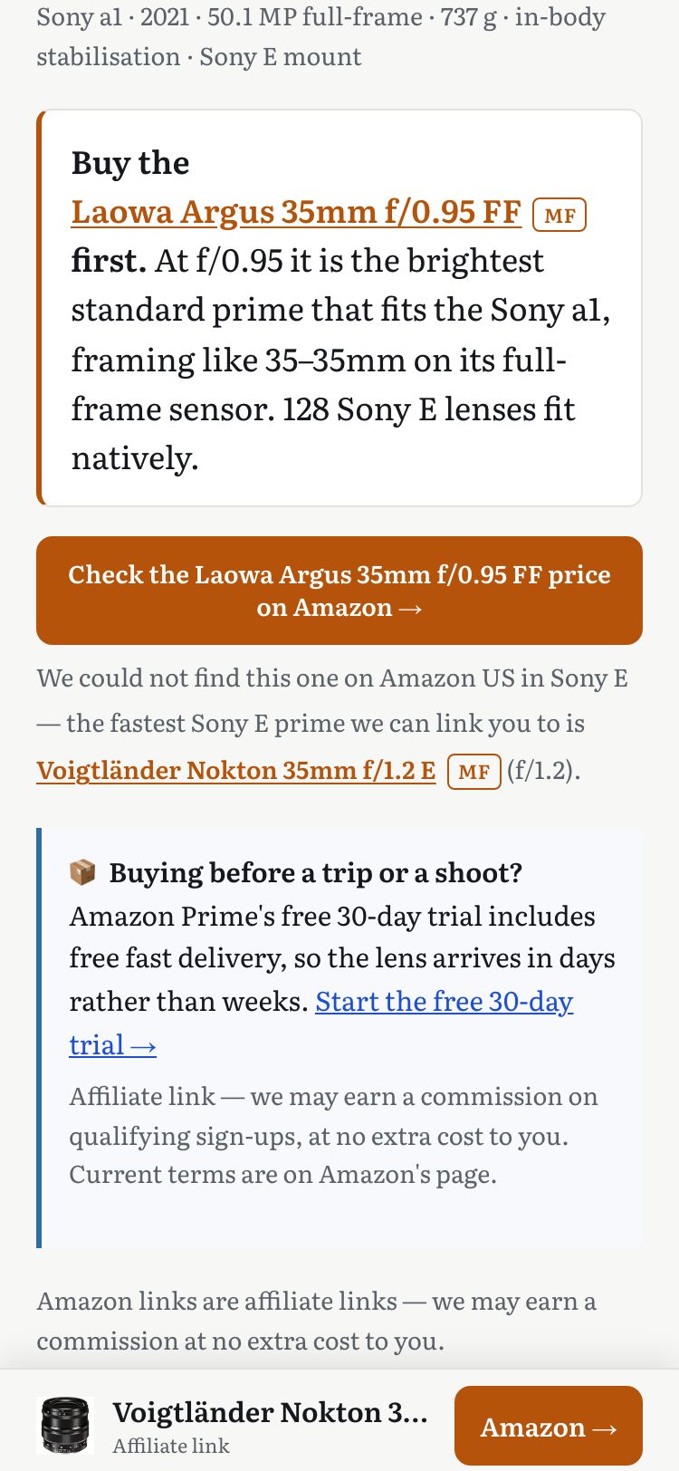 Before: the recommendation names the Laowa Argus 35mm and the button runs an Amazon search
